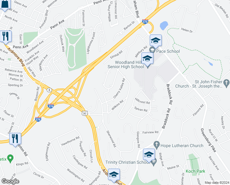 map of restaurants, bars, coffee shops, grocery stores, and more near 125 Cherry Valley Road in Pittsburgh