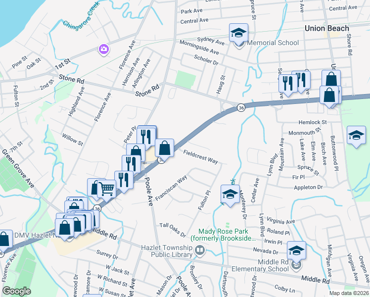 map of restaurants, bars, coffee shops, grocery stores, and more near 88 Fieldcrest Way in Hazlet