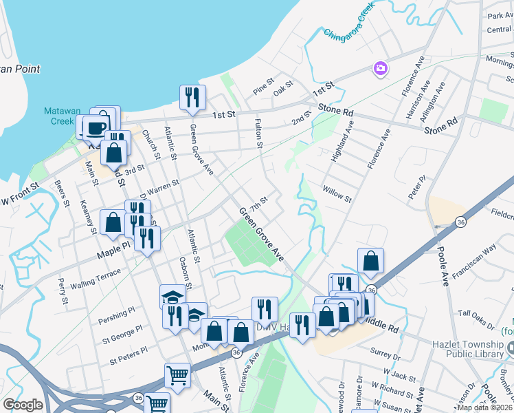 map of restaurants, bars, coffee shops, grocery stores, and more near 75 Green Grove Avenue in Keyport