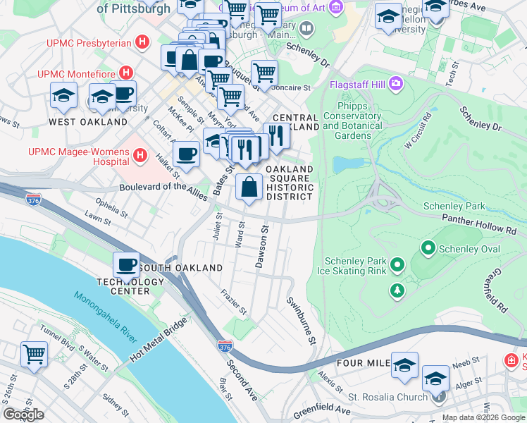 map of restaurants, bars, coffee shops, grocery stores, and more near 3374 Dawson Street in Pittsburgh