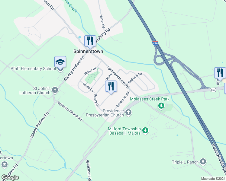 map of restaurants, bars, coffee shops, grocery stores, and more near 2051 Valley View Drive in Quakertown