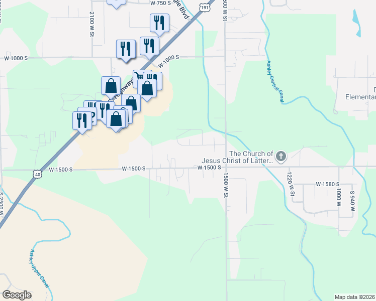map of restaurants, bars, coffee shops, grocery stores, and more near 1675 West 1400 South in Vernal