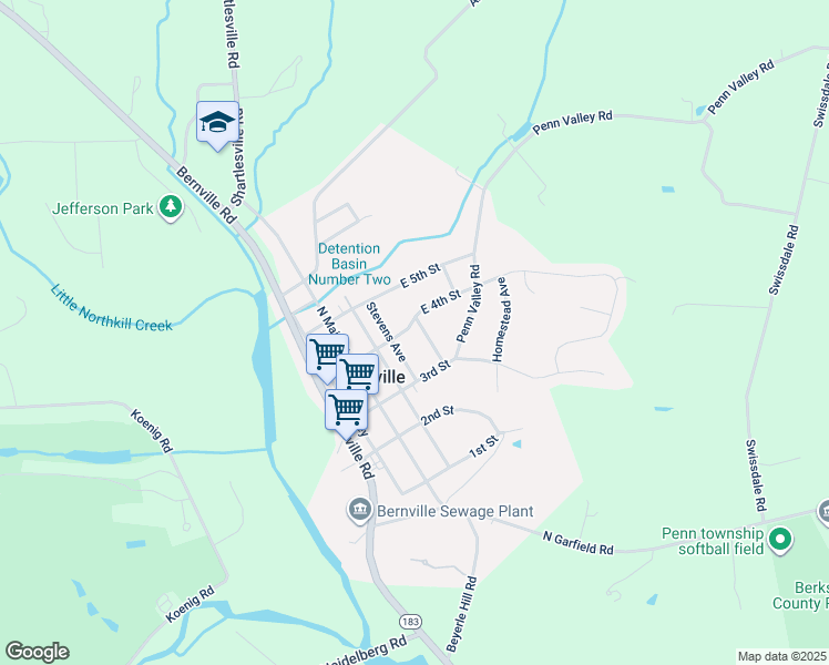 map of restaurants, bars, coffee shops, grocery stores, and more near 215 East 4th Street in Bernville