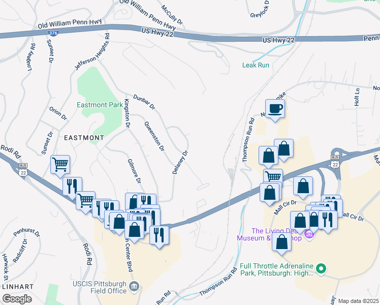 map of restaurants, bars, coffee shops, grocery stores, and more near 306 Delaney Drive in Pittsburgh