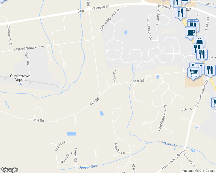 map of restaurants, bars, coffee shops, grocery stores, and more near 2506 Cedarfield Lane in Quakertown