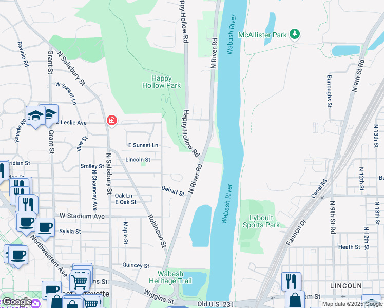 map of restaurants, bars, coffee shops, grocery stores, and more near 1007 Happy Hollow Road in West Lafayette
