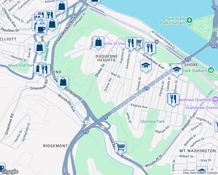 map of restaurants, bars, coffee shops, grocery stores, and more near 433 Edith Street in Pittsburgh