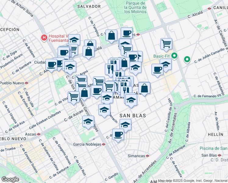 map of restaurants, bars, coffee shops, grocery stores, and more near 19 Calle de Julián Camarillo in Madrid