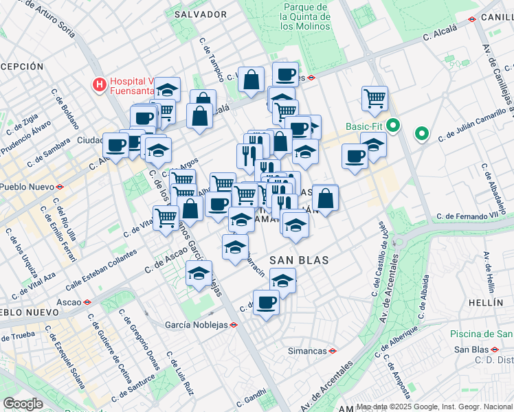 map of restaurants, bars, coffee shops, grocery stores, and more near 19 Calle de Julián Camarillo in Madrid