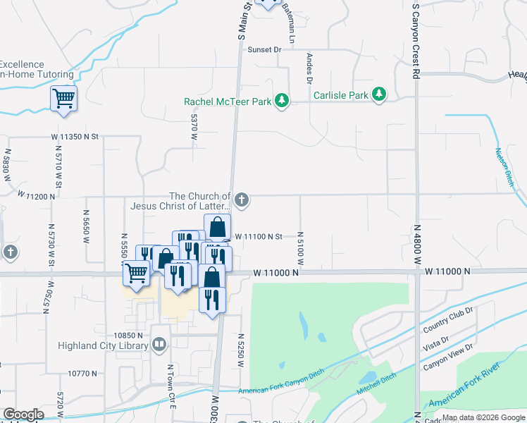 map of restaurants, bars, coffee shops, grocery stores, and more near 5221 West 11200 North in Highland
