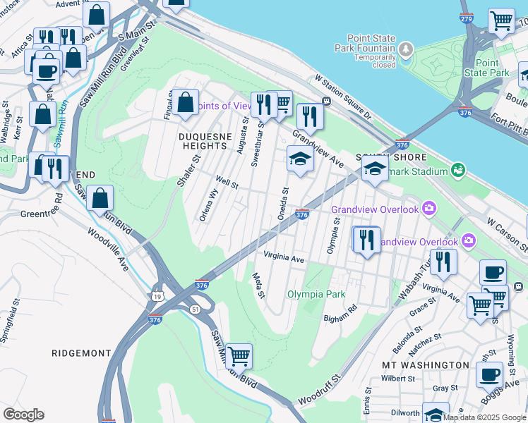 map of restaurants, bars, coffee shops, grocery stores, and more near Plymouth Street in Pittsburgh