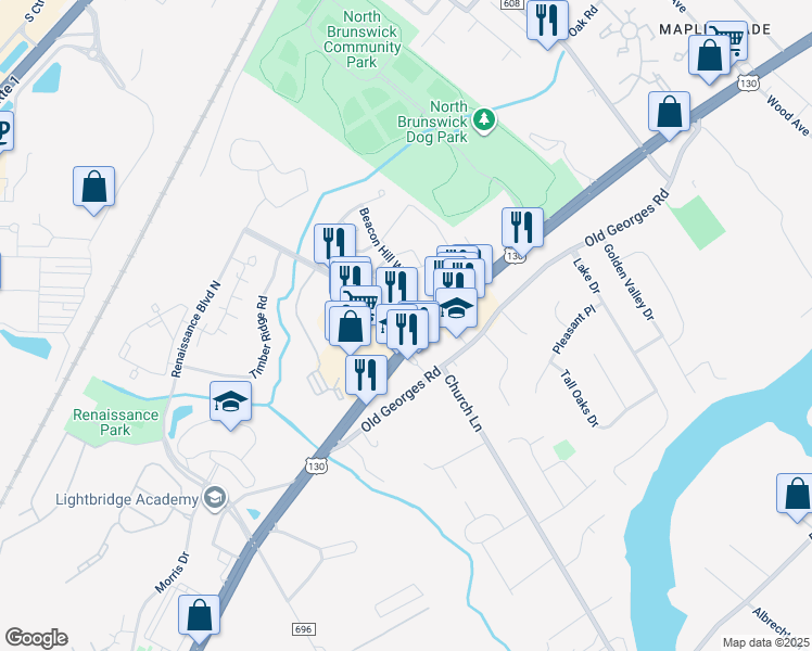 map of restaurants, bars, coffee shops, grocery stores, and more near 112 Copeley Way in North Brunswick Township