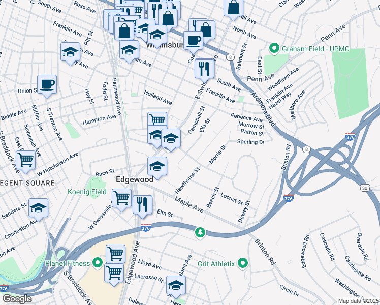 map of restaurants, bars, coffee shops, grocery stores, and more near 429 Ella Street in Pittsburgh