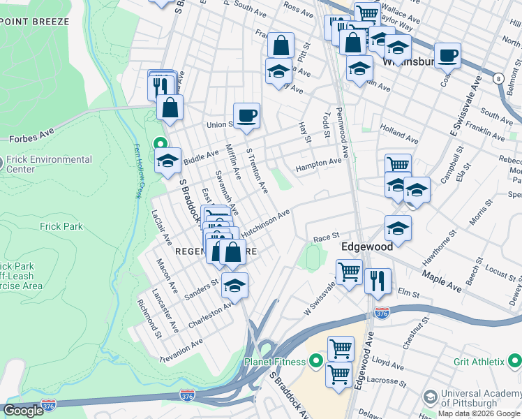 map of restaurants, bars, coffee shops, grocery stores, and more near 1002 South Trenton Avenue in Pittsburgh