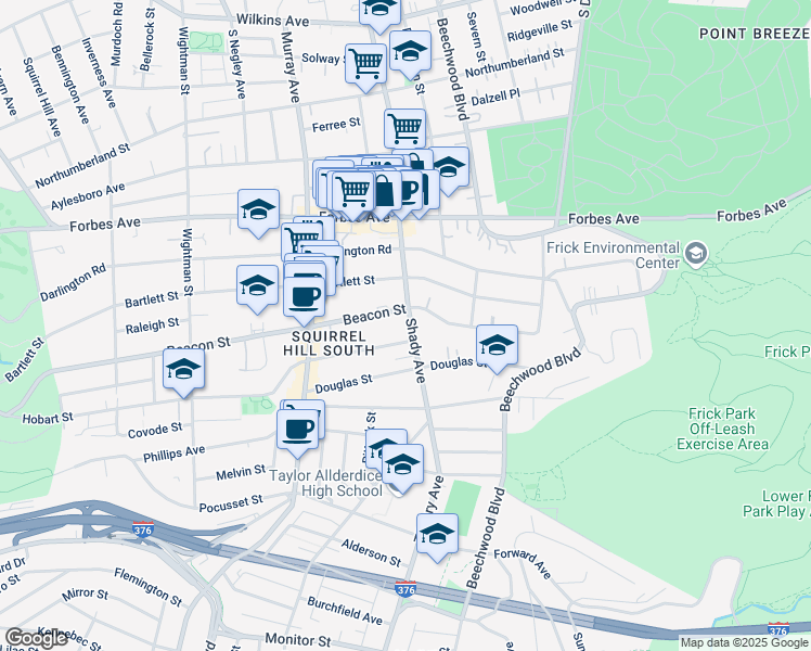 map of restaurants, bars, coffee shops, grocery stores, and more near 6315 Beacon Street in Pittsburgh