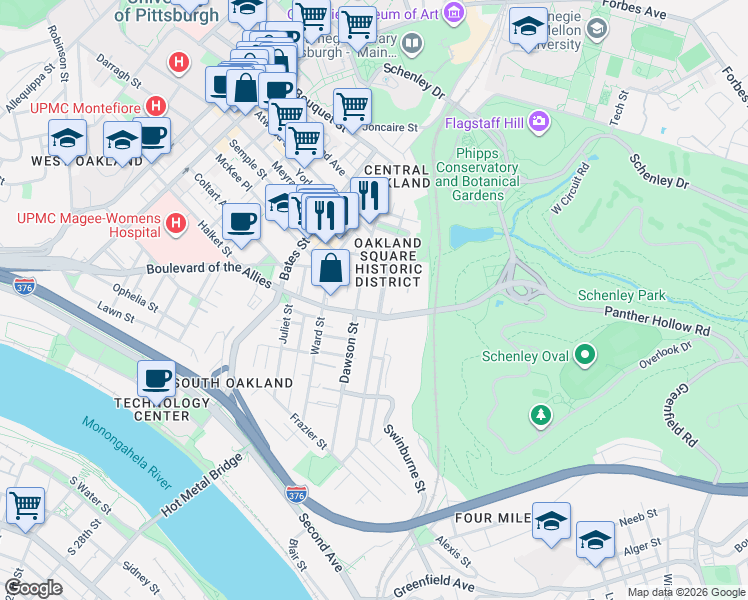 map of restaurants, bars, coffee shops, grocery stores, and more near 3435 Dawson Street in Pittsburgh