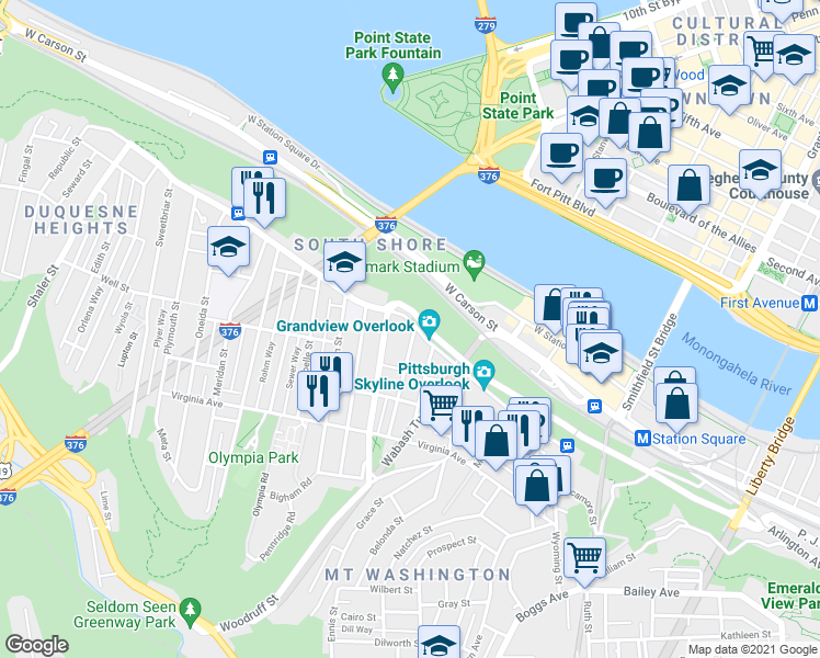map of restaurants, bars, coffee shops, grocery stores, and more near 516 Grandview Avenue in Pittsburgh
