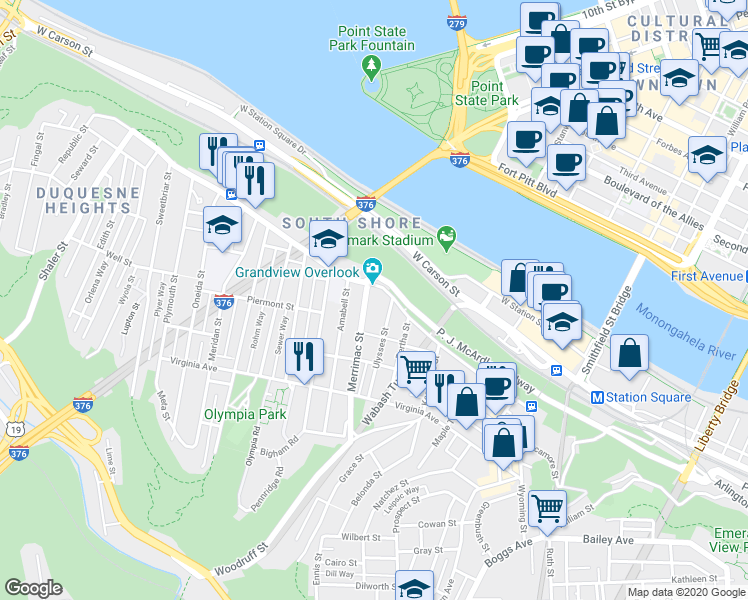 map of restaurants, bars, coffee shops, grocery stores, and more near 600 Grandview Avenue in Pittsburgh