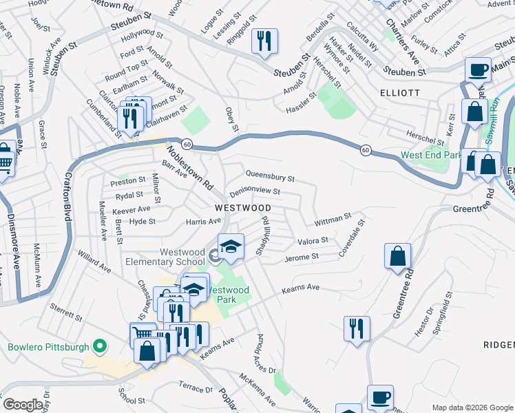 map of restaurants, bars, coffee shops, grocery stores, and more near 1303 Denisonview Street in Pittsburgh