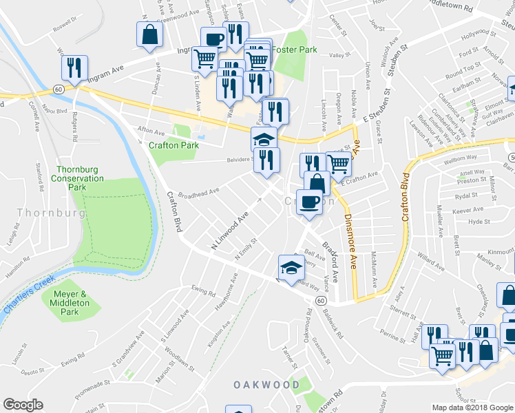 map of restaurants, bars, coffee shops, grocery stores, and more near 49 Coulter Street in Pittsburgh