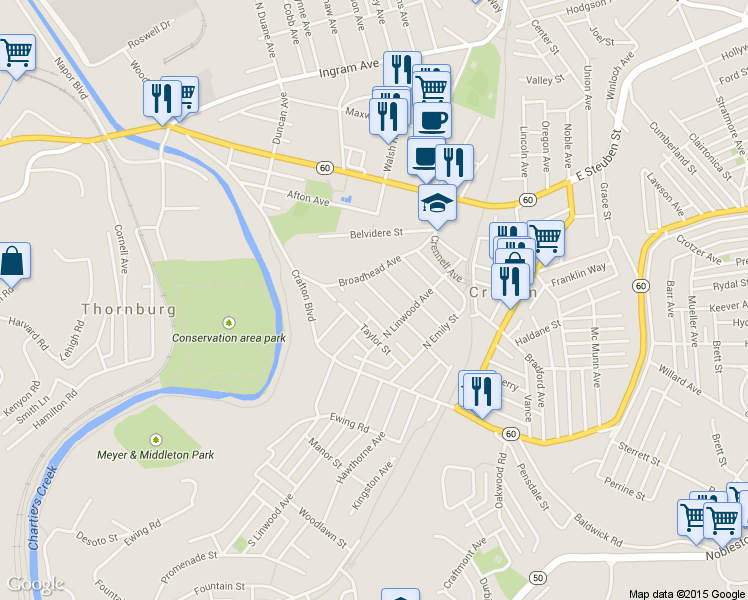 map of restaurants, bars, coffee shops, grocery stores, and more near 576 Broadhead Avenue in Pittsburgh