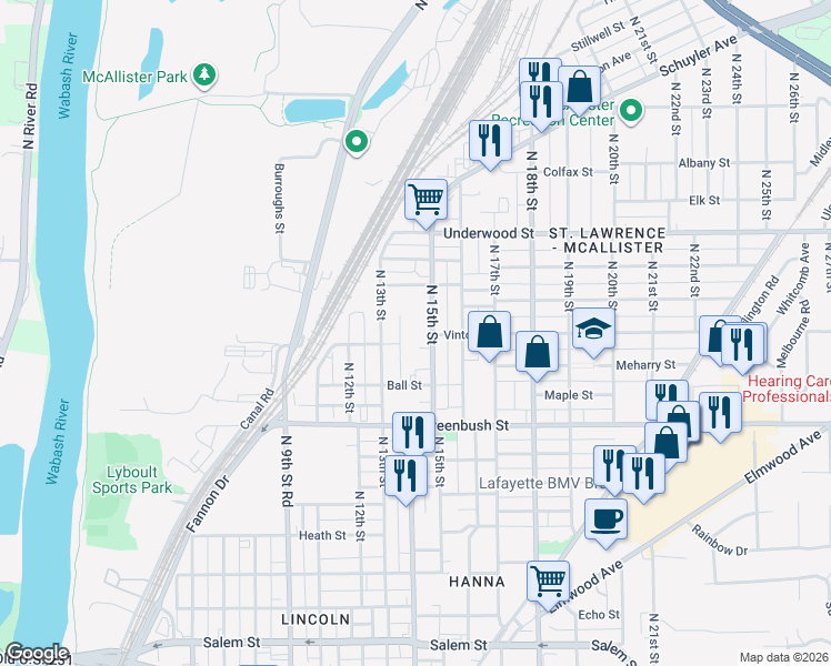 map of restaurants, bars, coffee shops, grocery stores, and more near 1827 North 15th Street in Lafayette