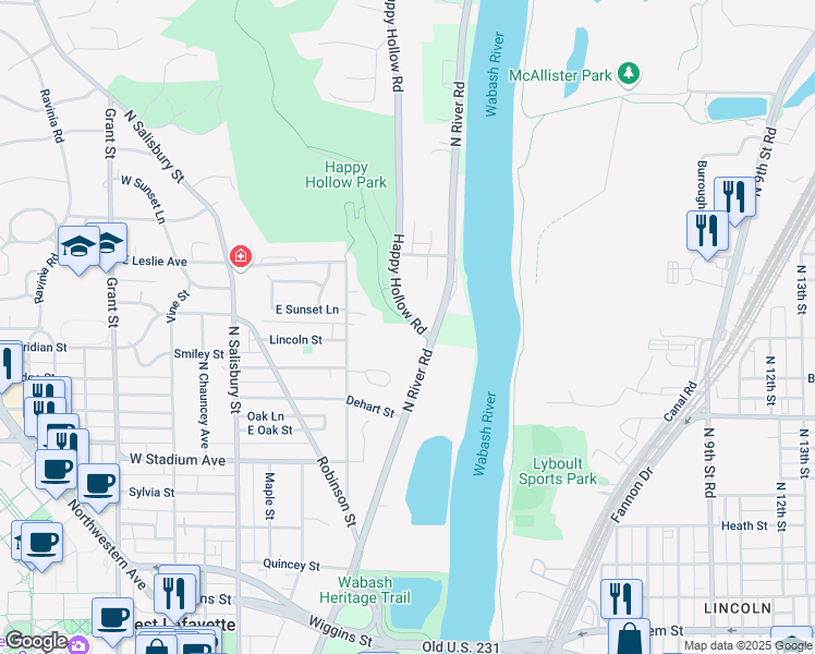 map of restaurants, bars, coffee shops, grocery stores, and more near 1026 Happy Hollow Road in West Lafayette