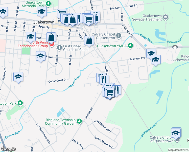 map of restaurants, bars, coffee shops, grocery stores, and more near 216 Windsor Court in Quakertown