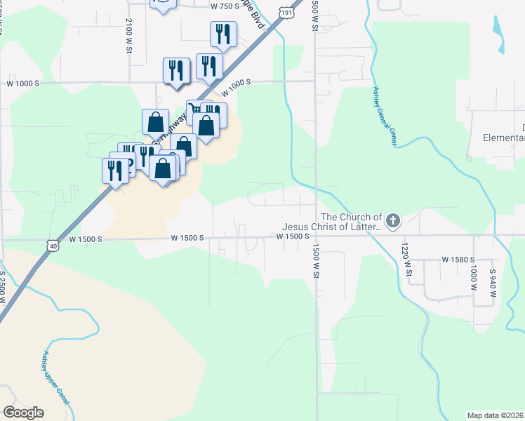 map of restaurants, bars, coffee shops, grocery stores, and more near 1675 West 1400 South in Vernal