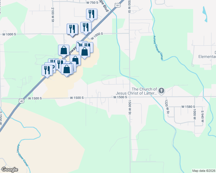 map of restaurants, bars, coffee shops, grocery stores, and more near 1675 West 1400 South in Vernal