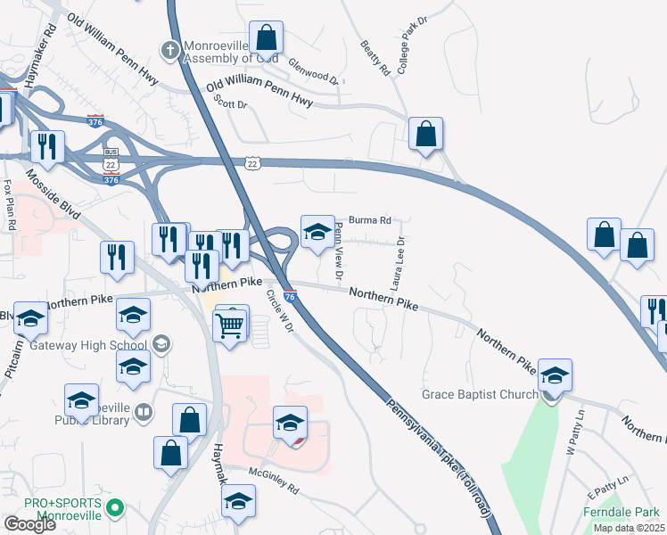 map of restaurants, bars, coffee shops, grocery stores, and more near 115 Penn View Drive in Monroeville