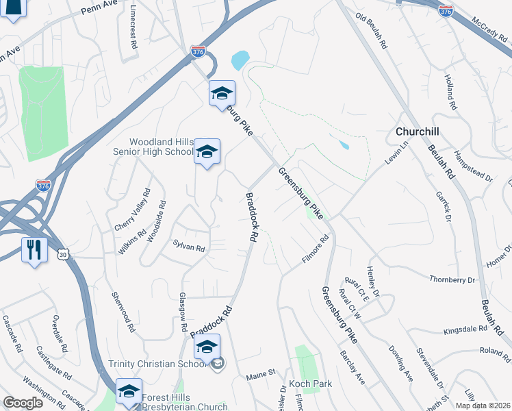 map of restaurants, bars, coffee shops, grocery stores, and more near 986 Braddock Road in Pittsburgh