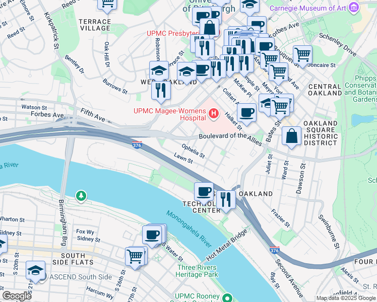 map of restaurants, bars, coffee shops, grocery stores, and more near 308 Ophelia Street in Pittsburgh