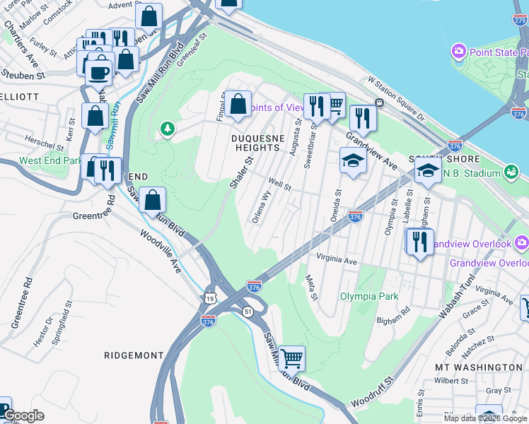 map of restaurants, bars, coffee shops, grocery stores, and more near 433 Edith Street in Pittsburgh