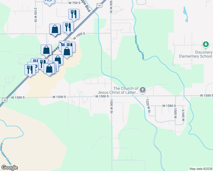 map of restaurants, bars, coffee shops, grocery stores, and more near 1533 West 1400 South in Vernal