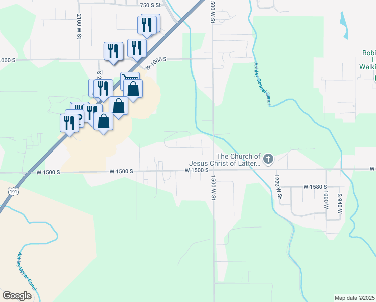 map of restaurants, bars, coffee shops, grocery stores, and more near 1605 West 1400 South in Vernal