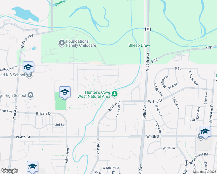 map of restaurants, bars, coffee shops, grocery stores, and more near 120 North 61st Avenue in Greeley
