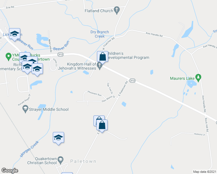 map of restaurants, bars, coffee shops, grocery stores, and more near Oak Tree Drive in Quakertown