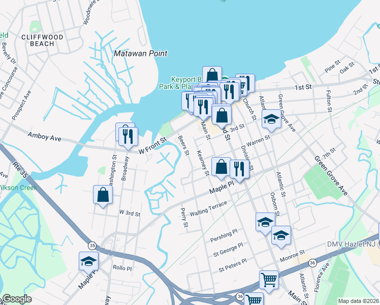 map of restaurants, bars, coffee shops, grocery stores, and more near 27 Beers Street in Keyport