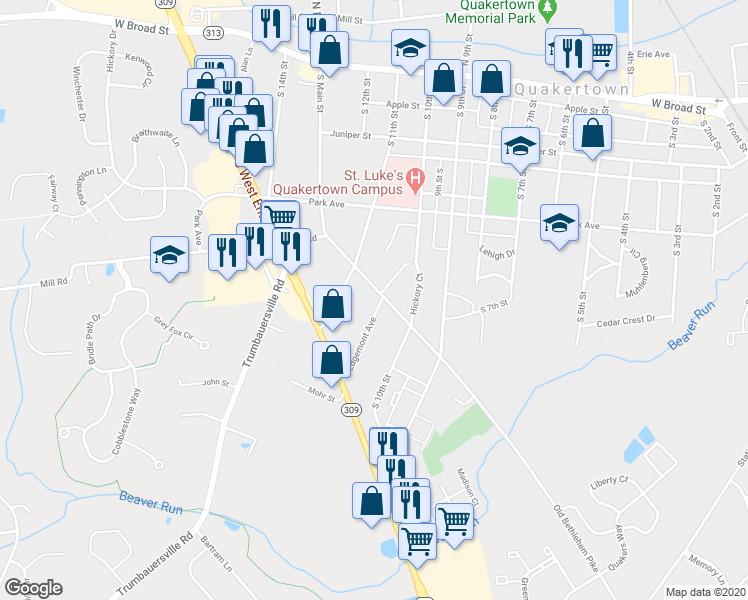 map of restaurants, bars, coffee shops, grocery stores, and more near 300 Edgemont Avenue in Quakertown