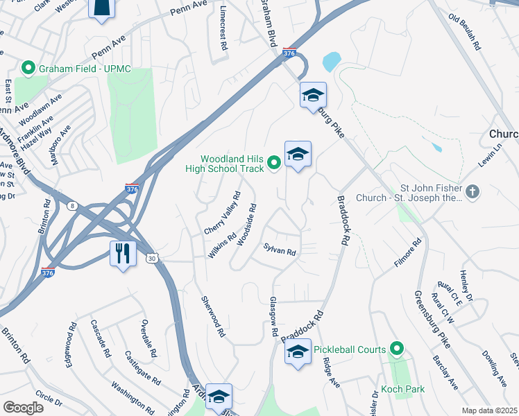 map of restaurants, bars, coffee shops, grocery stores, and more near 221 Woodside Road in Pittsburgh