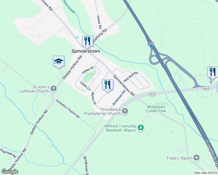 map of restaurants, bars, coffee shops, grocery stores, and more near 2053 Valley View Drive in Quakertown