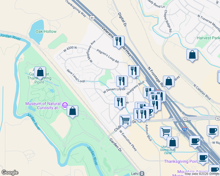 map of restaurants, bars, coffee shops, grocery stores, and more near 3234 West Desert Lily Drive in Lehi