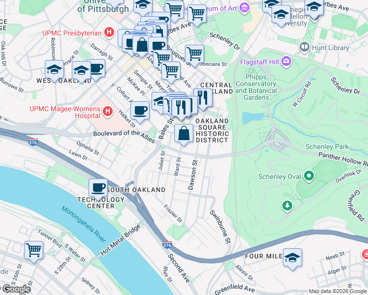 map of restaurants, bars, coffee shops, grocery stores, and more near 3441 Ward Street in Pittsburgh