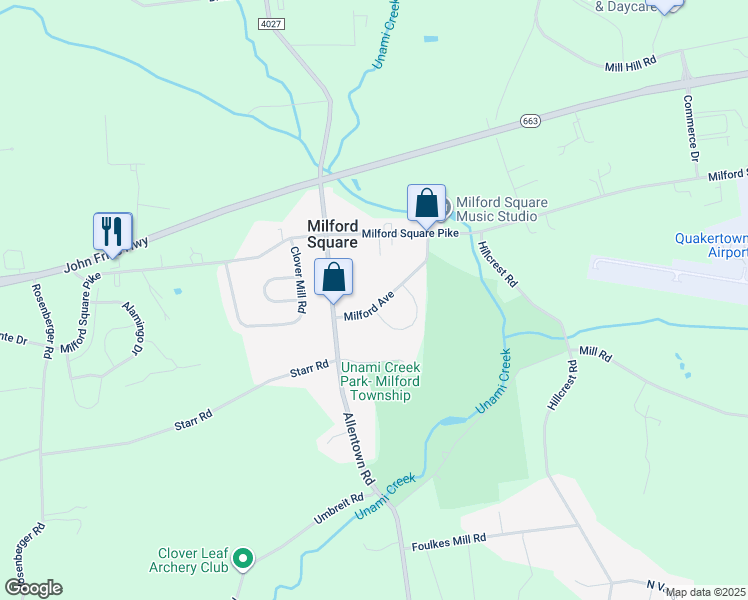 map of restaurants, bars, coffee shops, grocery stores, and more near 2160 Milford Avenue in Quakertown