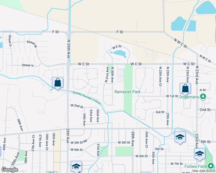map of restaurants, bars, coffee shops, grocery stores, and more near 35 North 30th Avenue in Greeley