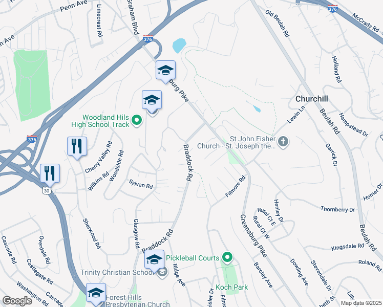 map of restaurants, bars, coffee shops, grocery stores, and more near 986 Braddock Road in Pittsburgh