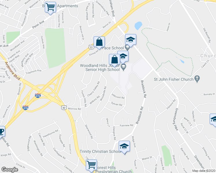 map of restaurants, bars, coffee shops, grocery stores, and more near 221 Woodside Road in Pittsburgh