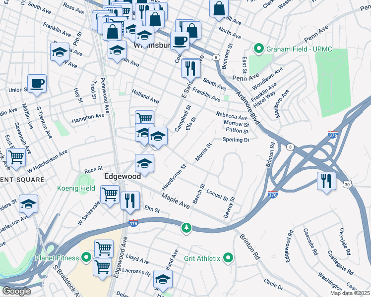 map of restaurants, bars, coffee shops, grocery stores, and more near 429 Ella Street in Pittsburgh
