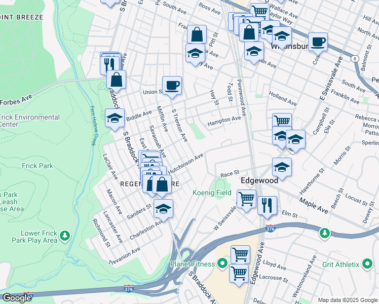 map of restaurants, bars, coffee shops, grocery stores, and more near 1021 South Trenton Avenue in Pittsburgh